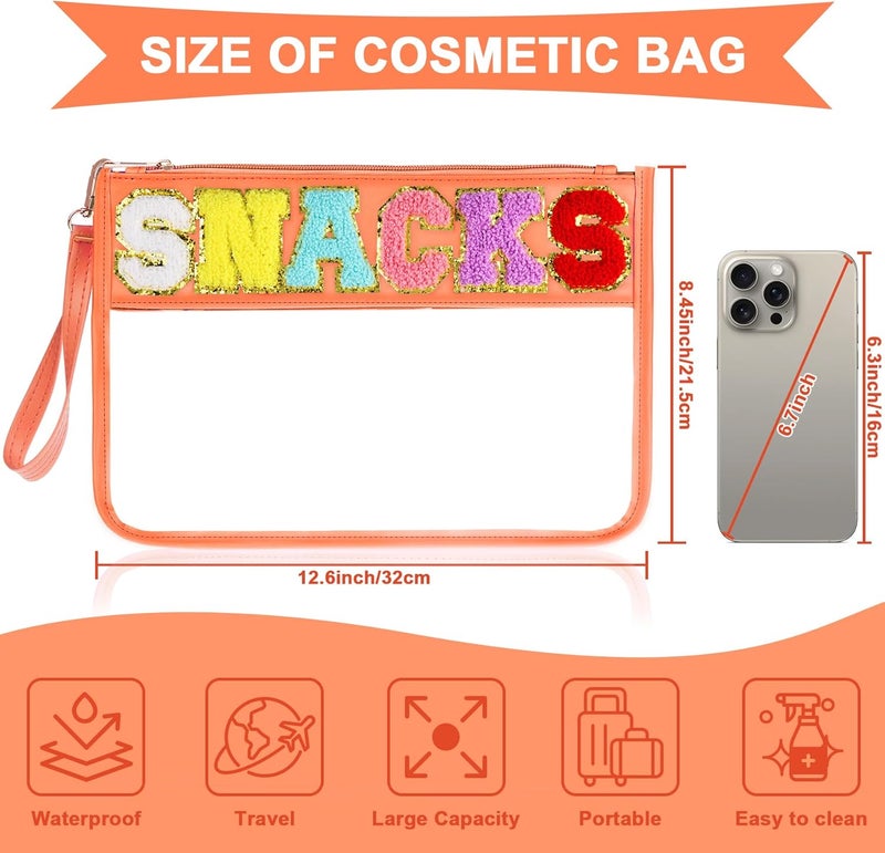 TESAFNG Snack Bag for Travel - Clear Chenille Varsity Letter Flat Pouch with Zipper, 12.2×8.46 inch Waterproof Clear Nylon Preppy Patch Makeup Cosmetic tote Bags for Women Girls - Image 2